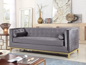 iconic home dafna club sofa sleek elegant tufted velvet plush cushion brass finished stainless steel brushed metal frame couch, modern contemporary, grey
