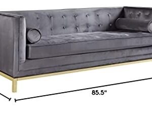 Iconic Home Dafna Club Sofa Sleek Elegant Tufted Velvet Plush Cushion Brass Finished Stainless Steel Brushed Metal Frame Couch, Modern Contemporary, Grey