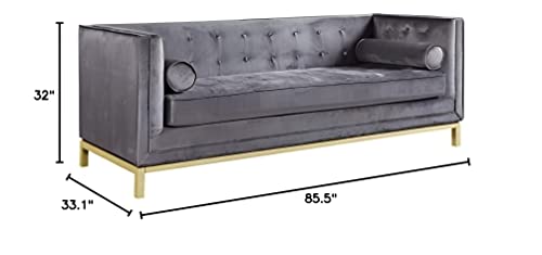 Iconic Home Dafna Club Sofa Sleek Elegant Tufted Velvet Plush Cushion Brass Finished Stainless Steel Brushed Metal Frame Couch, Modern Contemporary, Grey