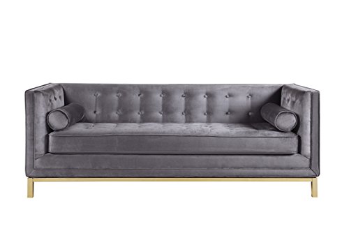 Iconic Home Dafna Club Sofa Sleek Elegant Tufted Velvet Plush Cushion Brass Finished Stainless Steel Brushed Metal Frame Couch, Modern Contemporary, Grey