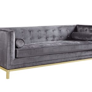 Iconic Home Dafna Club Sofa Sleek Elegant Tufted Velvet Plush Cushion Brass Finished Stainless Steel Brushed Metal Frame Couch, Modern Contemporary, Grey