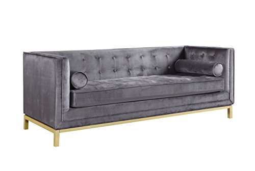 Iconic Home Dafna Club Sofa Sleek Elegant Tufted Velvet Plush Cushion Brass Finished Stainless Steel Brushed Metal Frame Couch, Modern Contemporary, Grey