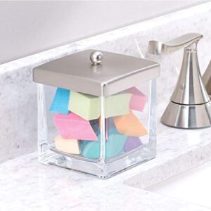mDesign Modern Glass Square Bathroom Vanity Countertop Storage Organizer Canister Jar for Cotton Swabs, Rounds, Balls, Makeup Sponges, Bath Salts - 2 Pack - Clear/Brushed