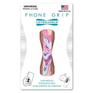universal phone grip for most smartphones, mini tablets and cases, marble rose design colored elastic strap with mauve rose base, lh-01-marblerose