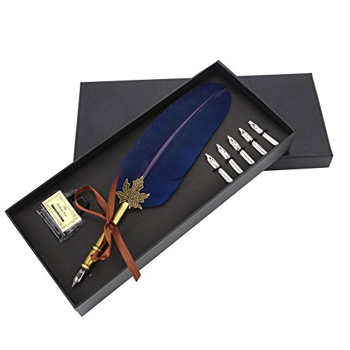 Feather Quill Pen Vintage Feather Dip Ink Pen Set Copper Pen Stem Writing Quill Pen Calligraphy Pen As Christmas Birthday Gift Set (Navy Blue)
