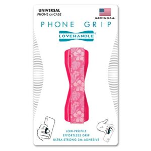 phone grip for most smartphones and mini tablets, pink aloha design colored elastic strap with pink base, lh-01-aloha