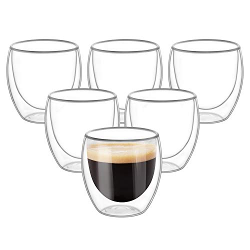 Double Wall Cups Glass 8 OZ - Set of 6, Insulated Thermal Mugs Glasses For Tea, Coffee, Latte, Cappucino, Cafe, Milk