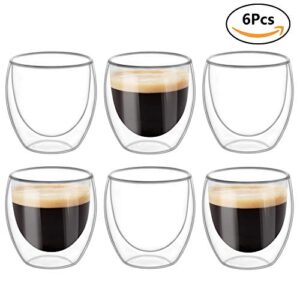 Double Wall Cups Glass 8 OZ - Set of 6, Insulated Thermal Mugs Glasses For Tea, Coffee, Latte, Cappucino, Cafe, Milk