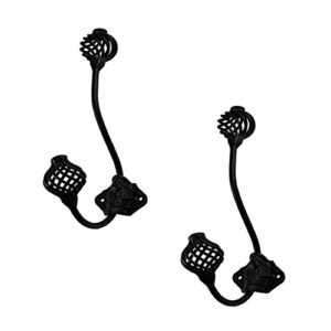renovators supply manufacturing black wrought iron wall double hooks decorative birdcage style 8" rust resistant wall mount dual hooks for coat, robe or hat holder hanger with hardware pack of 2