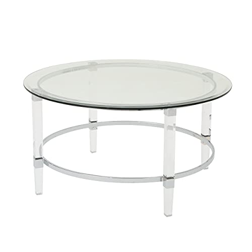 Christopher Knight Home Elowen Modern Round Tempered Glass Coffee Table with Acrylic and Iron Accents, Clear 35.5 in x 35.5 in x 18 in (W x L x H)