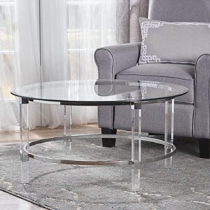 Christopher Knight Home Elowen Modern Round Tempered Glass Coffee Table with Acrylic and Iron Accents, Clear 35.5 in x 35.5 in x 18 in (W x L x H)