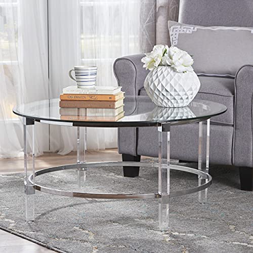 Christopher Knight Home Elowen Modern Round Tempered Glass Coffee Table with Acrylic and Iron Accents, Clear 35.5 in x 35.5 in x 18 in (W x L x H)