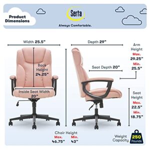 Serta Executive High Back Office Chair with Lumbar Support Ergonomic Upholstered Swivel Gaming Friendly Design, Microfiber, Pink