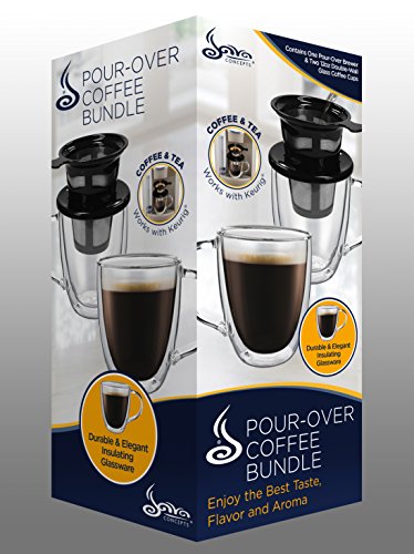 Java Concepts Pour Over Filter and 2 Double-Wall Glass, Black with 2 Mugs