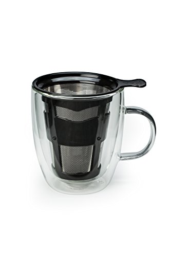 Java Concepts Pour Over Filter and 2 Double-Wall Glass, Black with 2 Mugs