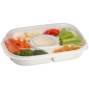 divided serving tray with lid - includes 6 compartments for party platter, snackle box container, fruit tray, veggie tray, chip and dip bowl, appetizers, desserts, snacks & more (by buddeez)