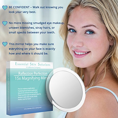 Essential Skin Solutions 15X Magnifying Mirror – Use for Makeup Application - Tweezing – and Blackhead/Blemish Removal – 6 Inch Round Mirror with Three Suction Cups for Easy Mounting