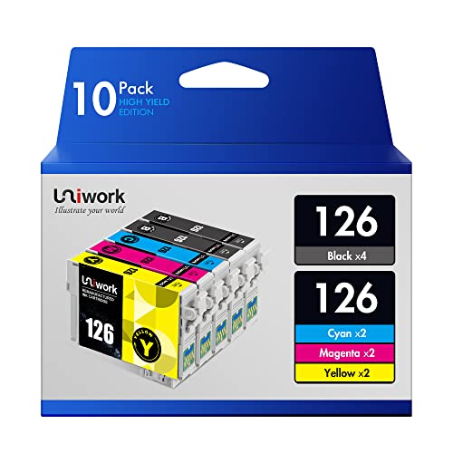 Uniwork Remanufactured Ink Cartridge Replacement for Epson 126 T126 use for Workforce 545 845 645 635 520 435 WF-3540 WF-3520 WF-3530 WF-7010 WF-7510 WF-7520 Stylus NX430 Printer Tray, 10 Pack