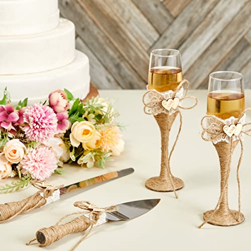 4 Piece Rustic-Style Wedding Cake Knife and Server Set with Champagne Glasses for Bride and Groom, Farmhouse Theme Reception, Country Decorations