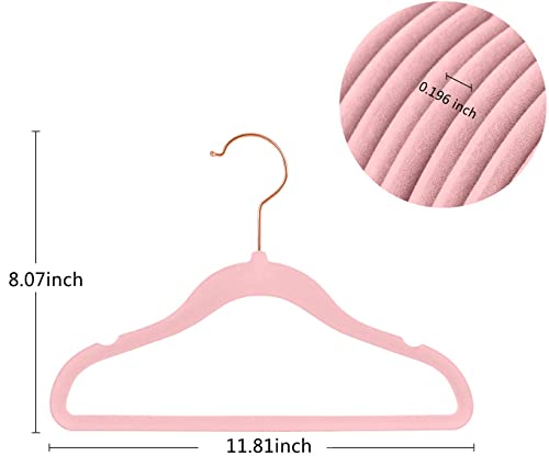 TIMMY Baby Velvet Hangers Non-Slip Baby Clothes Hangers, 11.8” Inch 50 Pack Space Saving Childrens Hangers -360° Swivel Rose Gold Hook, Strong & Durable Infant/Toddler Pink Hangers