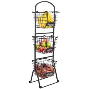 birdrock home 3-tier wire market basket stand with chalk label - snack fruit vegetable produce metal hanging storage bin for kitchen pantry - free-standing or stacking organizer - black