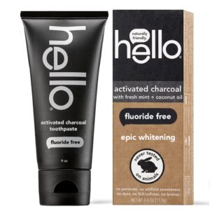 hello activated charcoal epic teeth whitening fluoride free toothpaste, fresh mint and coconut oil, vegan, sls free, gluten free and peroxide free, 4 ounce