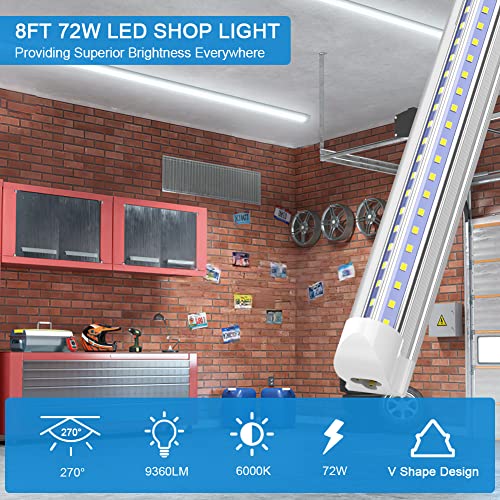 SHOPLED 8FT LED Shop Light Fixture, 72W 9360LM 6000K Cool White,High Output Linkable Tube Light, Double Sided V Shape T8 8 Foot LED Shop Lights for Garage, Warehouse, 4 Pack