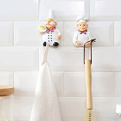 Coralpearl Cute Adhesive Resin Fat Chef Utility Wall Hook Rack Hanger Sticky Cable Plug Holder Art Décor Storage Organizer Set for Coat Clothes,Towel,Wreath,Key,Hat,Garage,Kitchen,Bathroom,Kids Room