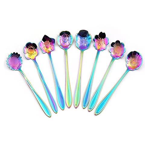 Flower Spoon Set, niceEshop Stainless Steel Teaspoon Colorful Coffee Spoon Tea Spoon Mixing Spoon Sugar Spoon, Set of 8, Rainbow