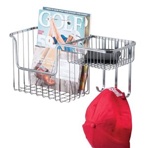 mdesign metal wire wall mount entryway storage organizer mail basket holder with 3 hooks, 2 compartments - for organizing letters, magazines, keys, coats, leashes - chrome