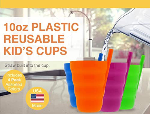 Arrow Home Products Sip A Cup with Built in Straw, 10oz, 4pk - BPA-free Straw Cups for Kids Great for Everyday Use - Made in the USA, Stackable Kids Straw Cups - Purple, Blue, Green, Orange