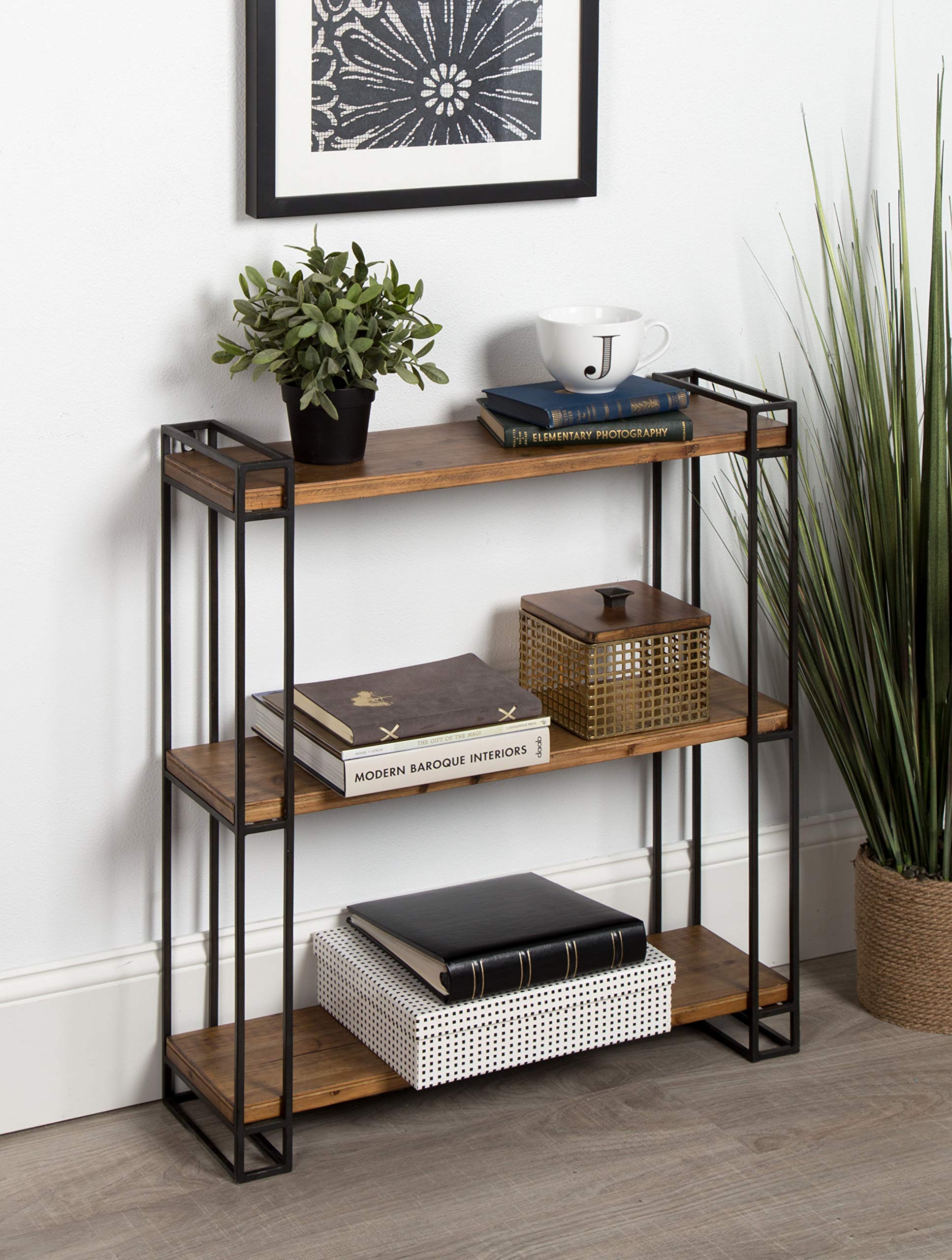 Kate and Laurel Lintz Modern Industrial Solid Wood with Black Metal Frame Floating Wall Shelves, Rustic Brown