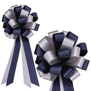 navy blue and silver decorative pull bows - 8" wide, set of 6, christmas, hanukkah, wedding ribbons, father's day, school dance, boxing day