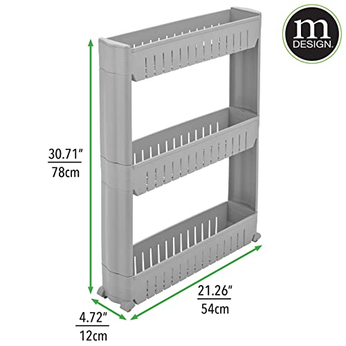 mDesign Slim Plastic Rolling Laundry Utility Cart, Portable Storage Organizer Trolley - Easy-Glide Wheels and 3 Heavy-Duty Shelves, for Laundry, Utility Room, Kitchen or Pantry Storage - Gray