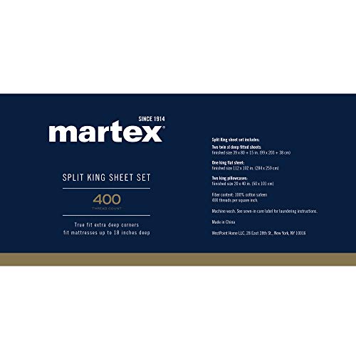 Martex Split King Sheet Set for Mattresses with Adjustable Bases, White, 5 Piece