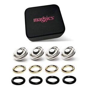 maggie snaps, magnetic snap buttons, reusable magnetic balls for fastening fabrics, patented round magnets, alternative to tie clips and safety pin, with ring fasteners, pack of 4 - my maggies