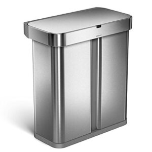 simplehuman 58 liter / 15.3 gallon stainless steel touch-free dual compartment rectangular kitchen trash can recycler with voice and motion sensor, activated, brushed