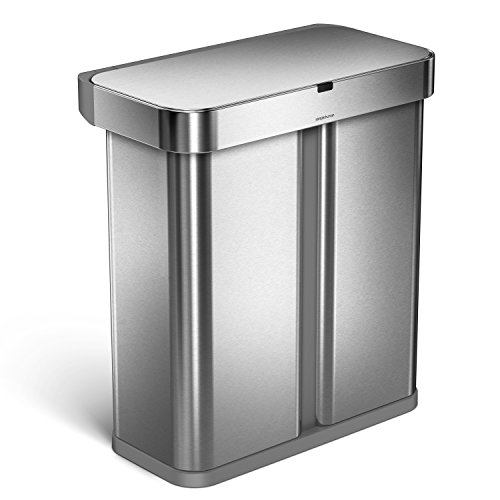 simplehuman 58 Liter / 15.3 Gallon Stainless Steel Touch-Free Dual Compartment Rectangular Kitchen Trash Can Recycler with Voice and Motion Sensor, Activated, Brushed