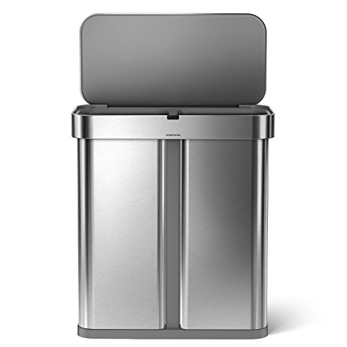 simplehuman 58 Liter / 15.3 Gallon Stainless Steel Touch-Free Dual Compartment Rectangular Kitchen Trash Can Recycler with Voice and Motion Sensor, Activated, Brushed