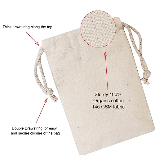 BigLotBags Cotton Muslin Bags, 100% Organic Cotton with Double Drawstring. Premium Quality Reusable Eco-Friendly Natural Muslin Bags. (100, 4 x 6 Inches)