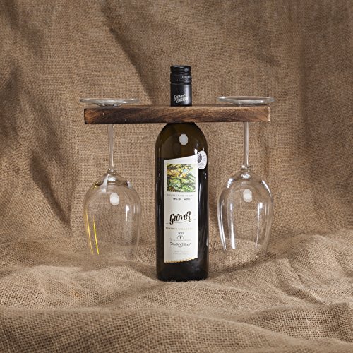 GoCraft Wine Bottle & Glass Holder | Handmade Antique Wood Stand for Wine for Two Glasses & Bottle