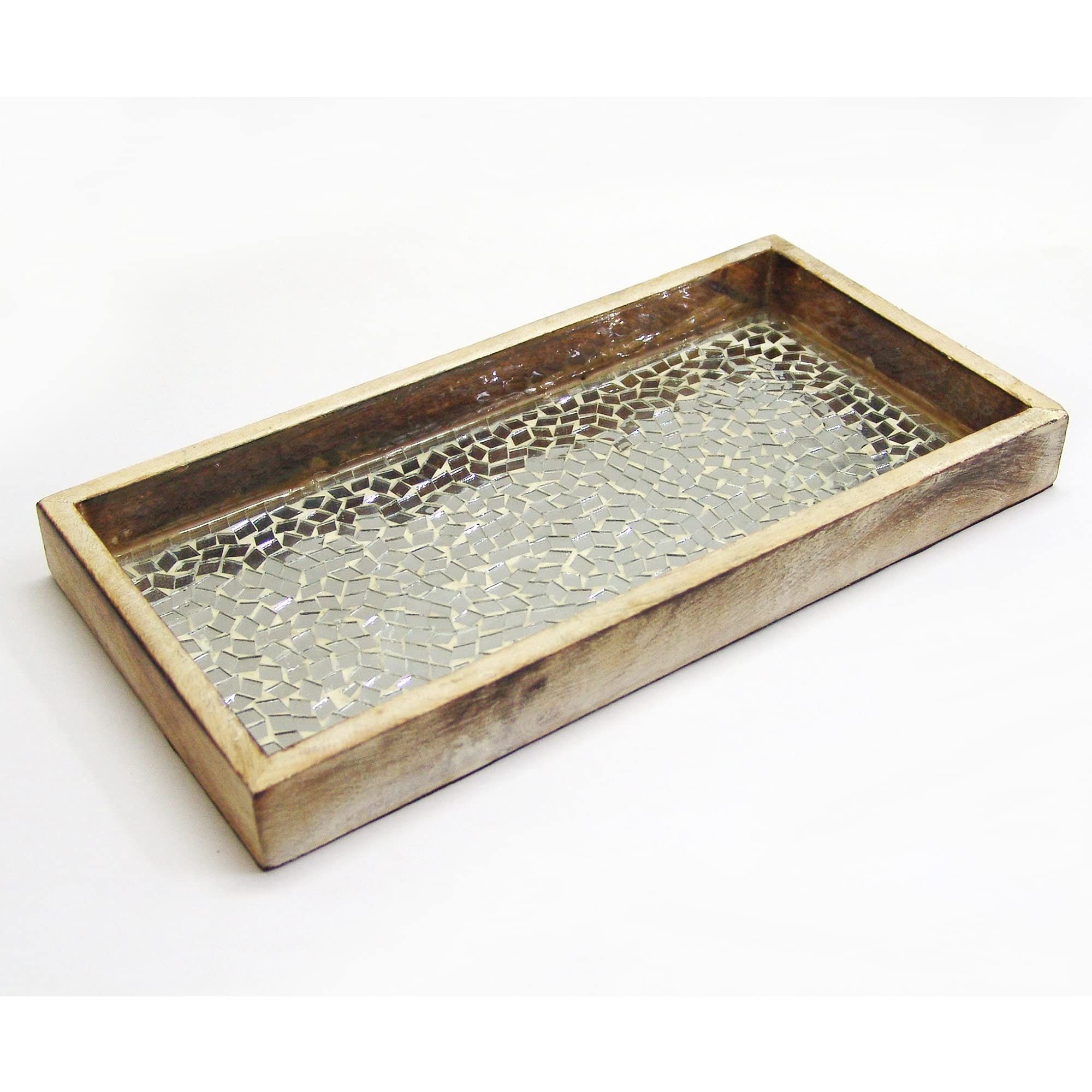 NuSteel Mosaic Tray Towel Holder in Natural Wood & Silver Mosaic for Paper Towels, Bathroom Decor, Rolling Tray