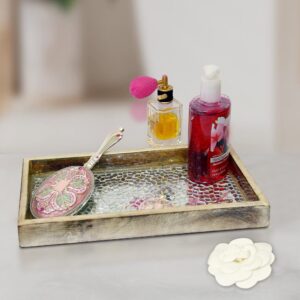 NuSteel Mosaic Tray Towel Holder in Natural Wood & Silver Mosaic for Paper Towels, Bathroom Decor, Rolling Tray