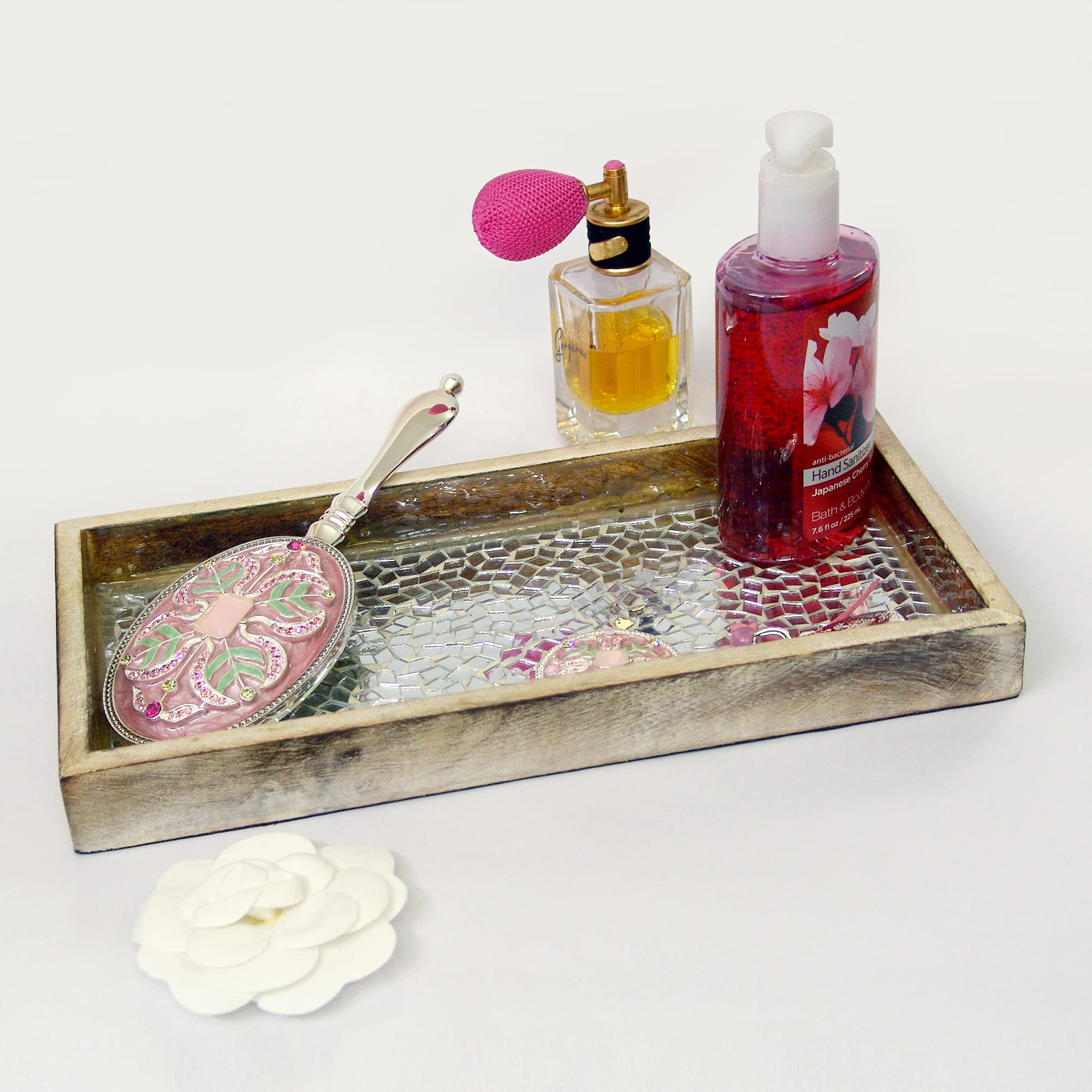 NuSteel Mosaic Tray Towel Holder in Natural Wood & Silver Mosaic for Paper Towels, Bathroom Decor, Rolling Tray