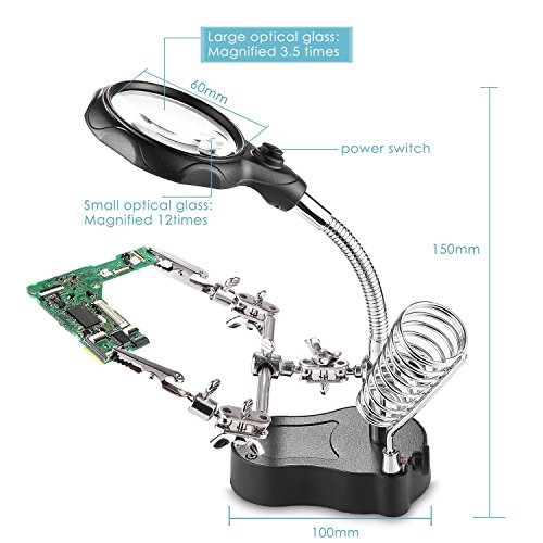 LED Light Stand Loupe, Lighted Helping Third Hands Clamp Clip Magnifying Soldering Stand Watch Jewelry Repair Loupe Magnifier (3.5X12)