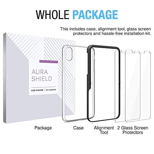 FlexGear Case for iPhone X XS with 2X Tempered Glass Screen Protectors [Full Protection] - Crystal Clear