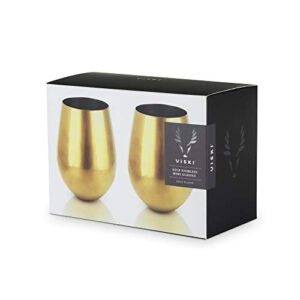 Viski Gold Wine Glasses, Stemless Wine Glass Set, Stainless Steel with Gold Finish, 18 Ounces, Set of 2, Gold