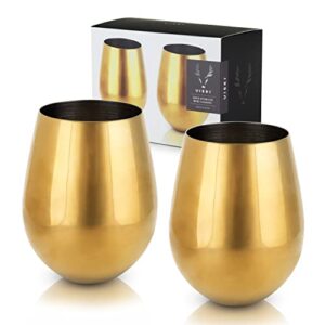 viski gold wine glasses, stemless wine glass set, stainless steel with gold finish, 18 ounces, set of 2, gold