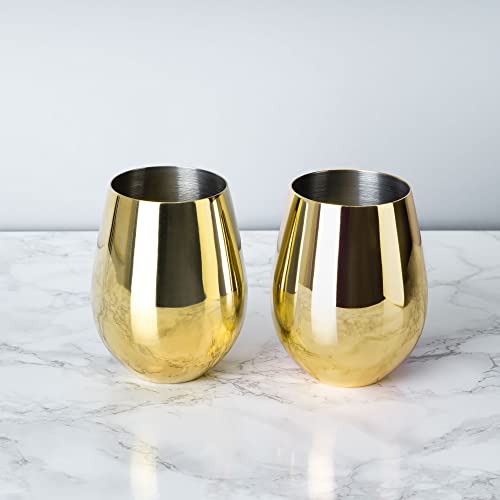 Viski Gold Wine Glasses, Stemless Wine Glass Set, Stainless Steel with Gold Finish, 18 Ounces, Set of 2, Gold