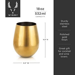 Viski Gold Wine Glasses, Stemless Wine Glass Set, Stainless Steel with Gold Finish, 18 Ounces, Set of 2, Gold